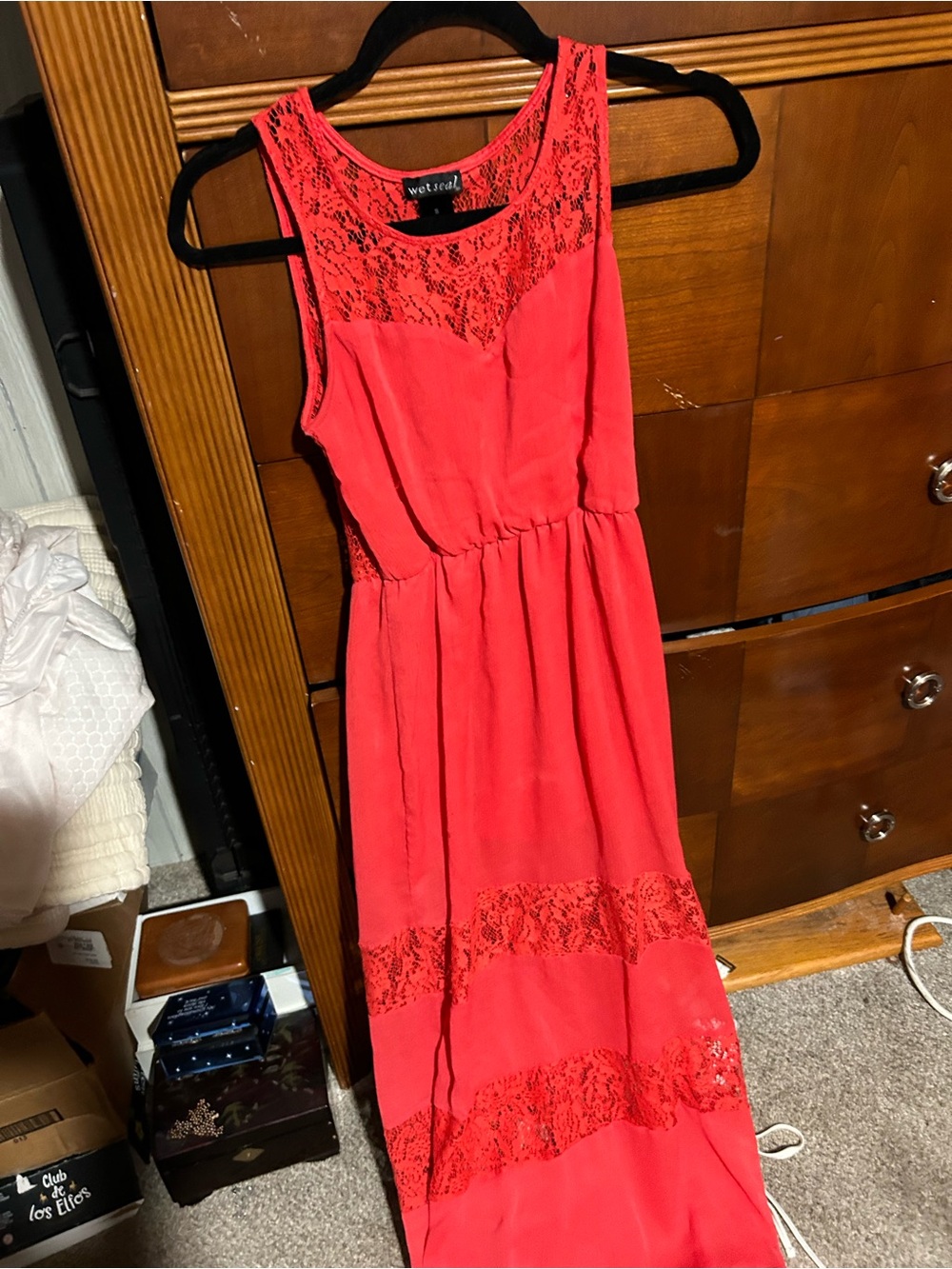 Wet Seal Bright Coral Lace-Detail Sleeveless Maxi Dress